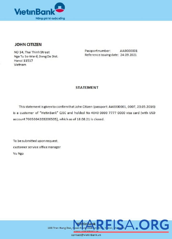 Blank Vietnam Vietinbank closure reference sample